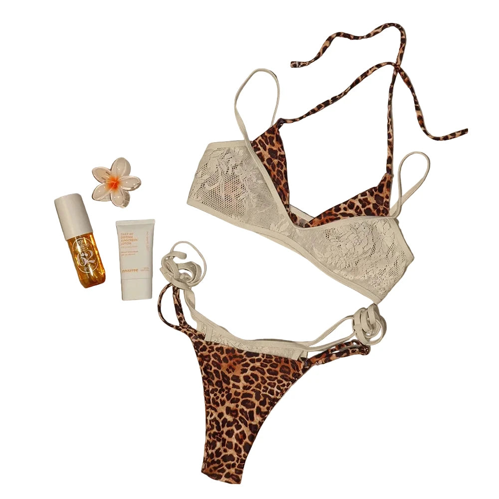 Mixed-Media White Lace Top and Leopard Print String Bikini