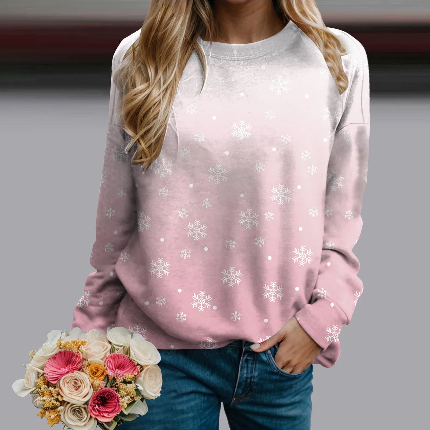 Women's Snowflake Pattern Crew Neck Sweatshirt for Cozy Seasonal Casual Everyday Style