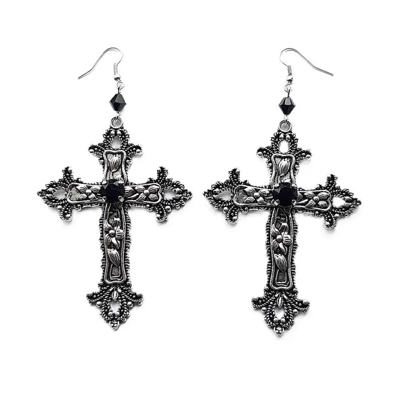 Ornate Cross Drop Earrings for Gothic Punk and Dark Romantic Styling