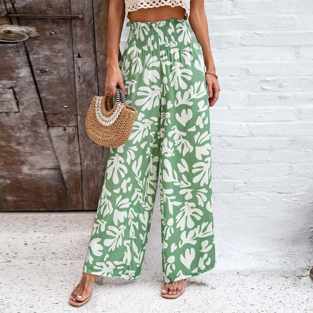 Women's High Waist Wide Leg Printed Casual Trousers with Relaxed Everyday Fit