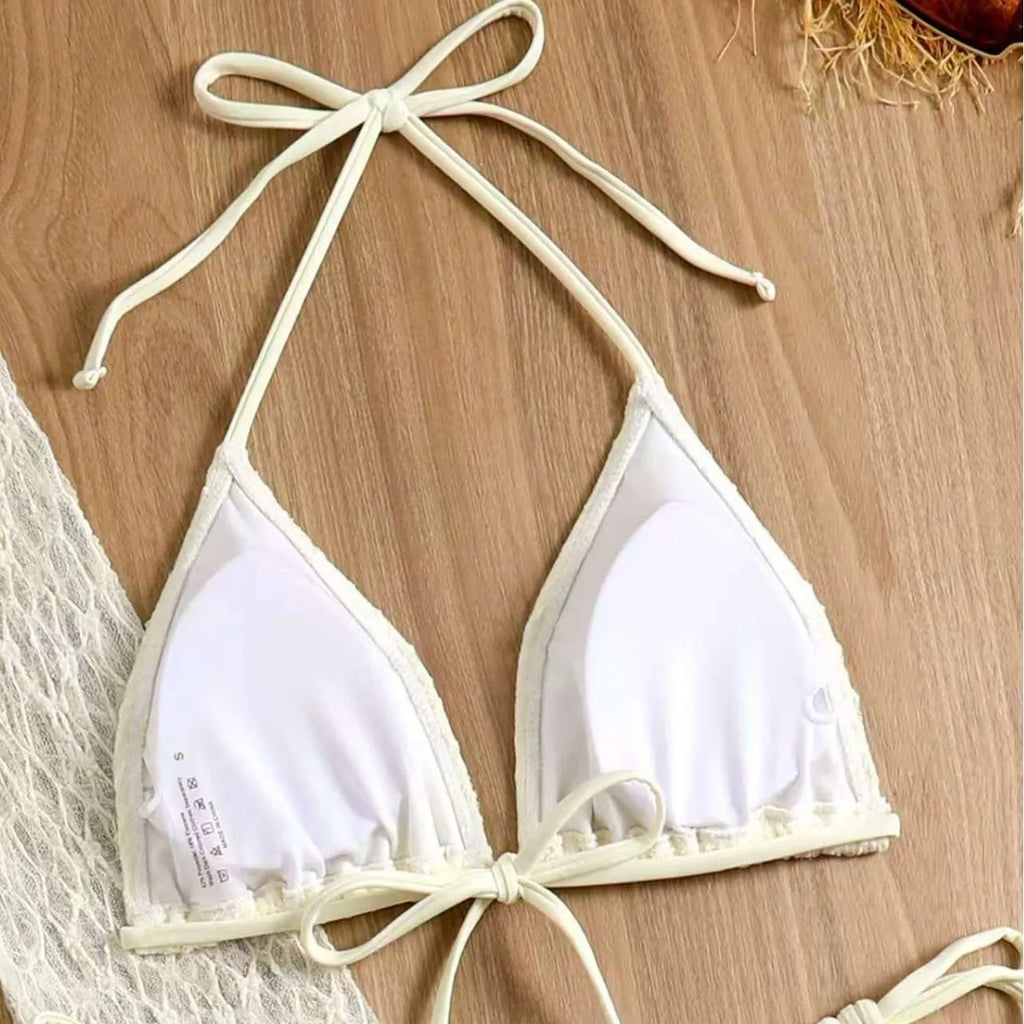 Four-Piece Cream Lace Resort Set with Triangle Bikini and Cover-Ups