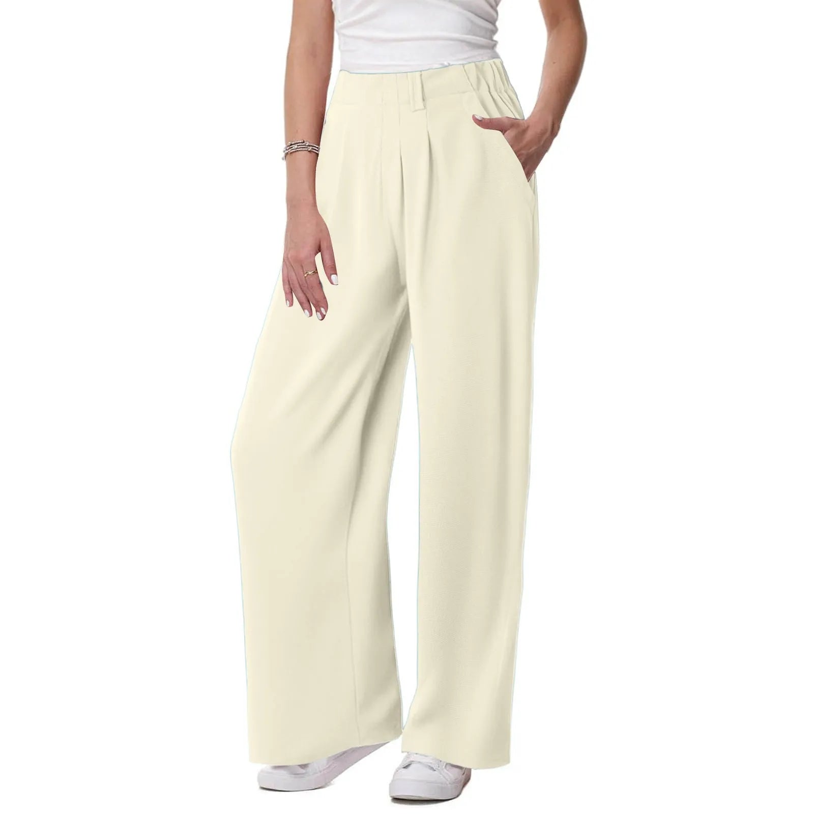 Women's Low Rise Loose Palazzo Pants with Pleated Front and Pocket Casual Streetwear Style
