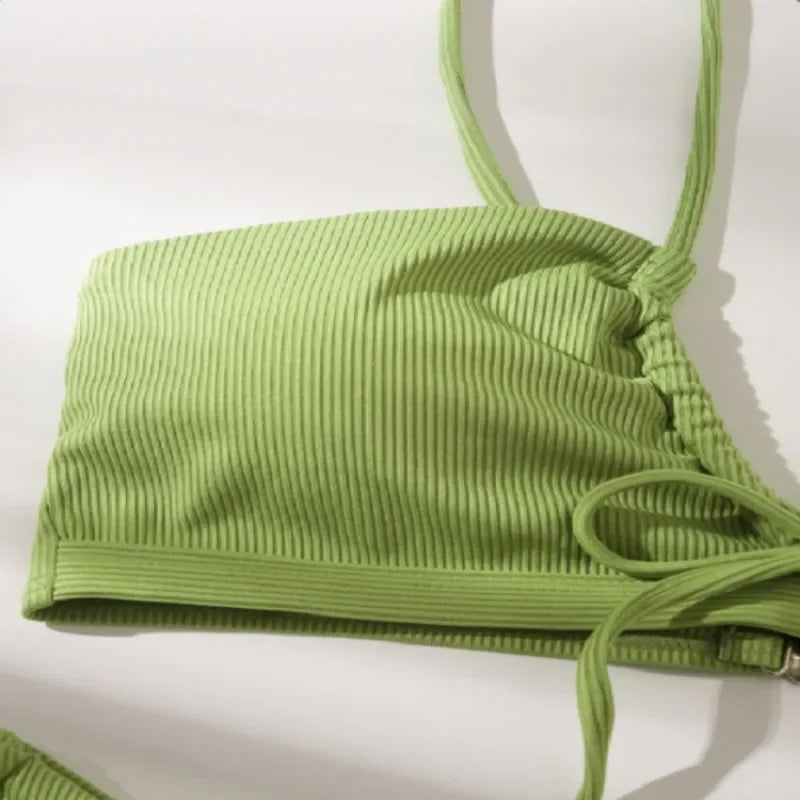 Ribbed Light Green Bralette Bikini with Center Tie Detail