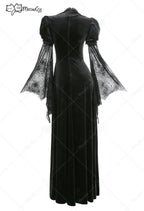 Women's Gothic Velvet Maxi Dress with Flared Mesh Sleeves and Elegant Alternative Styling