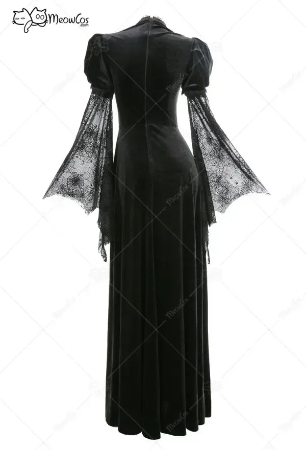 Women's Gothic Velvet Maxi Dress with Flared Mesh Sleeves and Elegant Alternative Styling