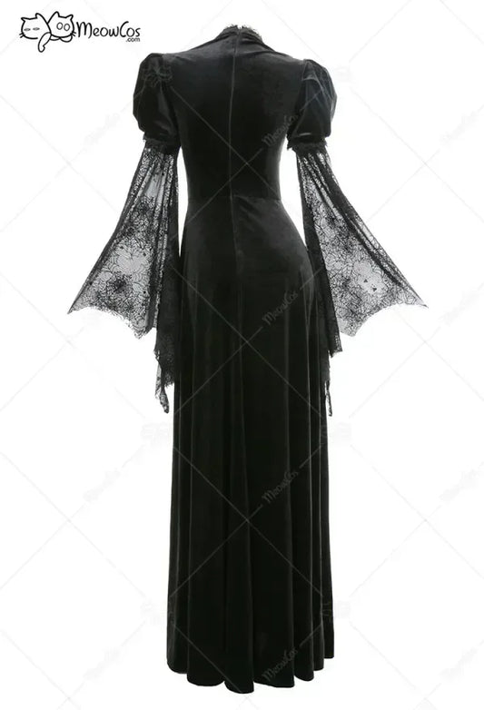 Women's Gothic Velvet Maxi Dress with Flared Mesh Sleeves and Elegant Alternative Styling