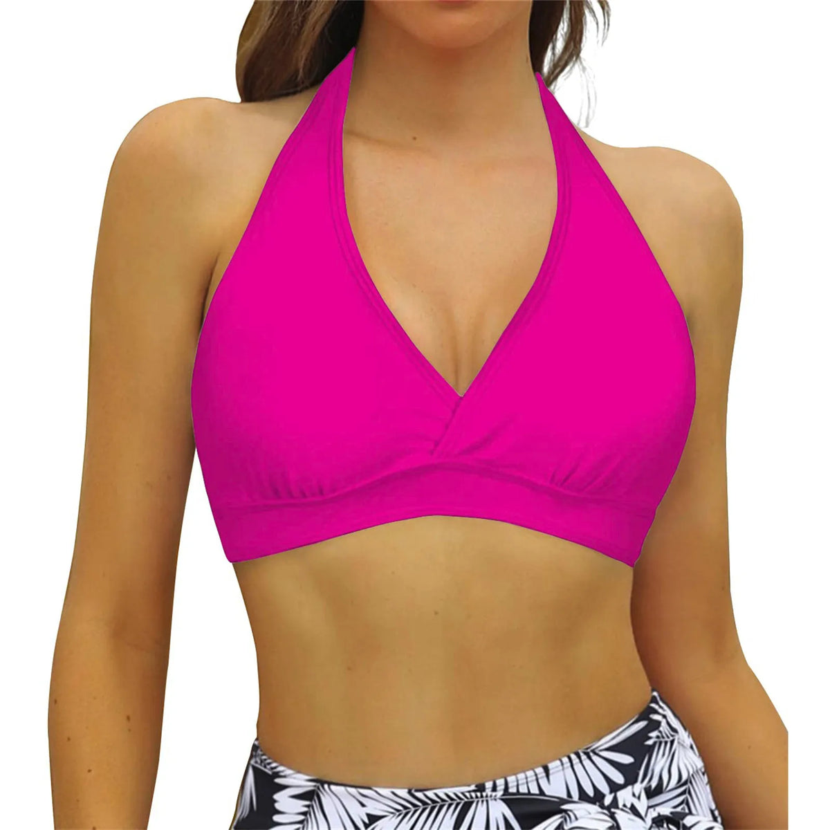 Solid Color Halter Neck Bikini Top with Wide Underband and Adjustable Tie-Back Closure