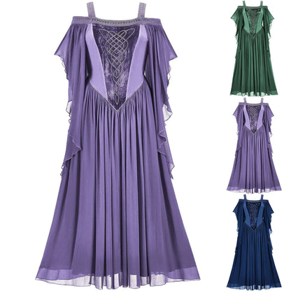 Ethereal Gothic Chiffon Midi Dress with Layered Ruffle Sleeves and Vintage Charm