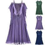 Ethereal Cold-Shoulder Fantasy Dress with Draped Sleeves and Corset Detailing