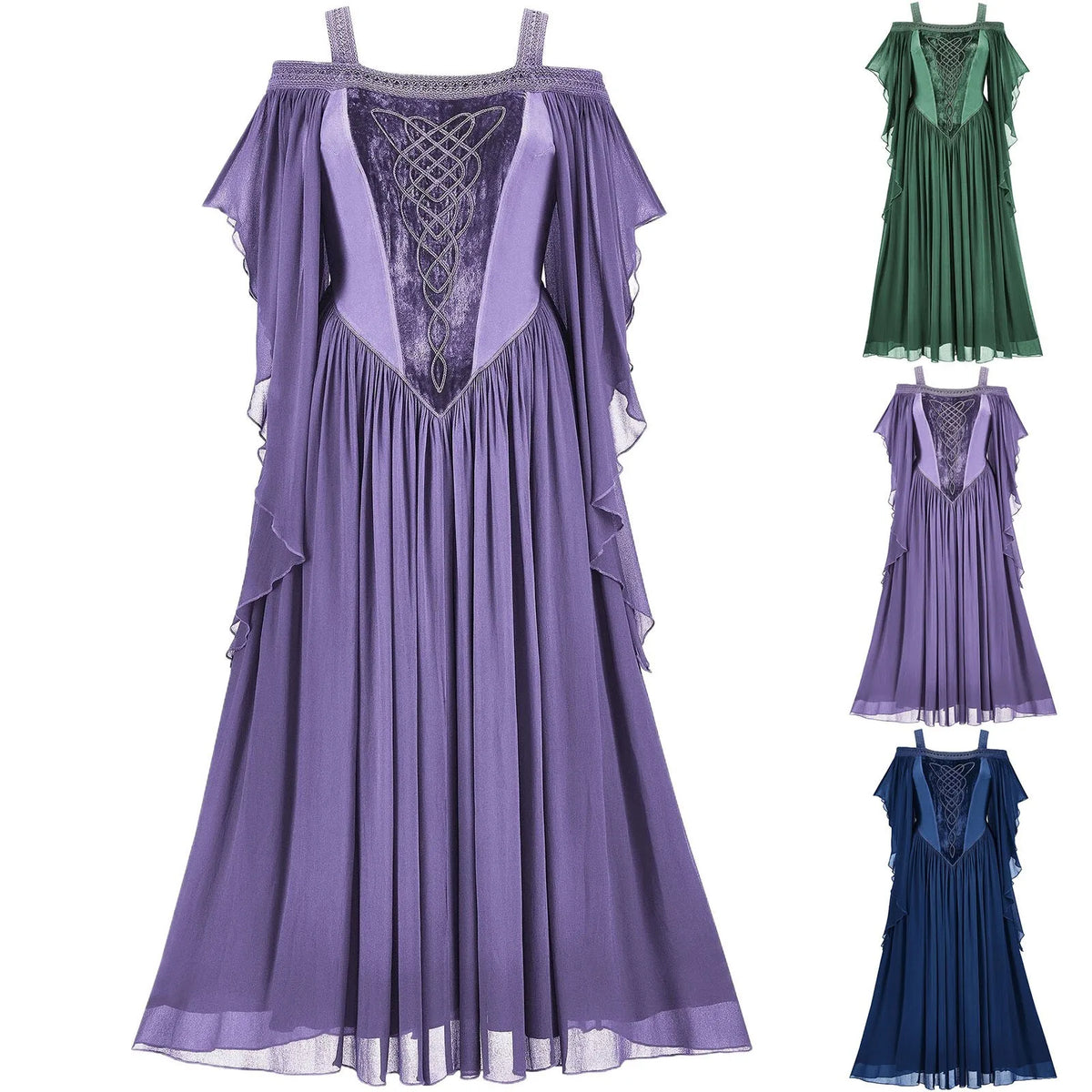 Ethereal Cold-Shoulder Fantasy Dress with Draped Sleeves and Corset Detailing