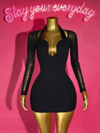 Mesh Sleeve Bodycon Mini Dress with Plunge Neckline Contemporary Party Style