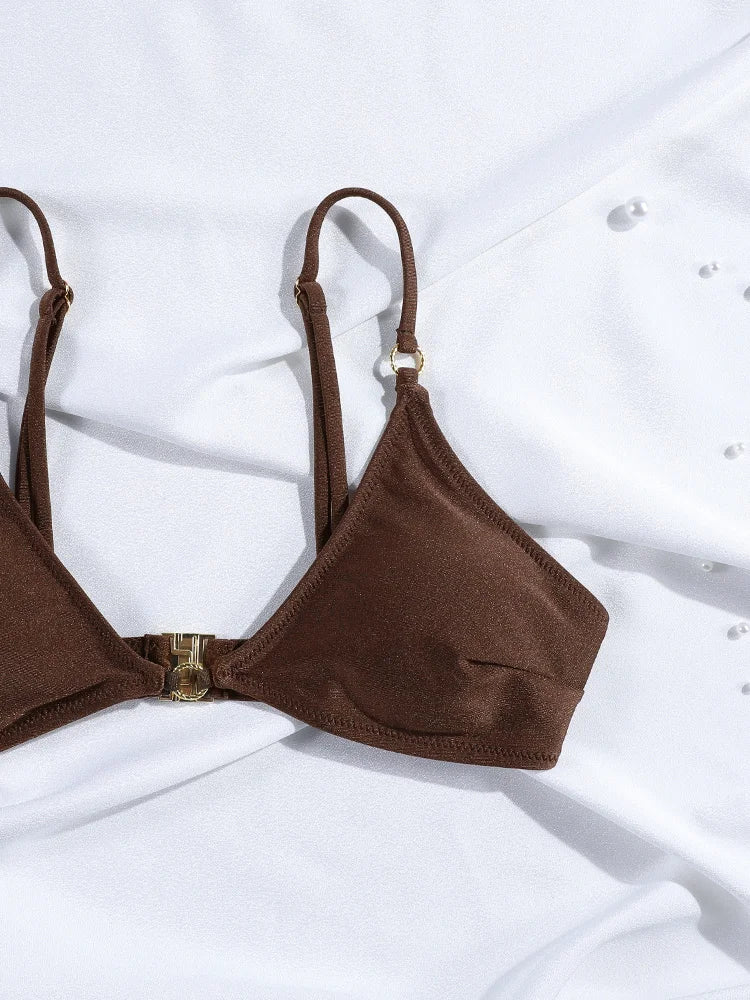 Chocolate Brown Triangle Bikini Set with Multi-String Details and Gold-Tone Rings