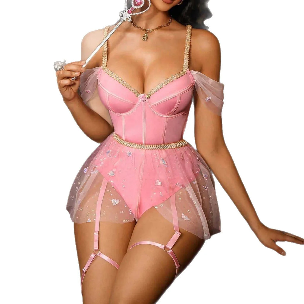 Romantic Pastel Pink Corset Bodysuit with Sheer Draped Sleeves and Shimmering Tulle Accents