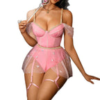 Romantic Pastel Pink Corset Bodysuit with Sheer Draped Sleeves and Shimmering Tulle Accents