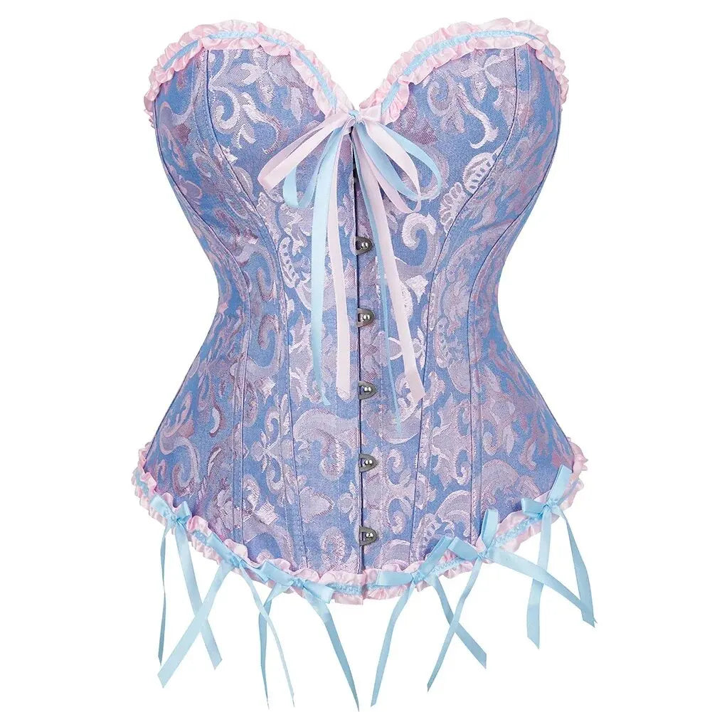 Floral Jacquard Overbust Corset with Sweetheart Neckline and Busk Closure