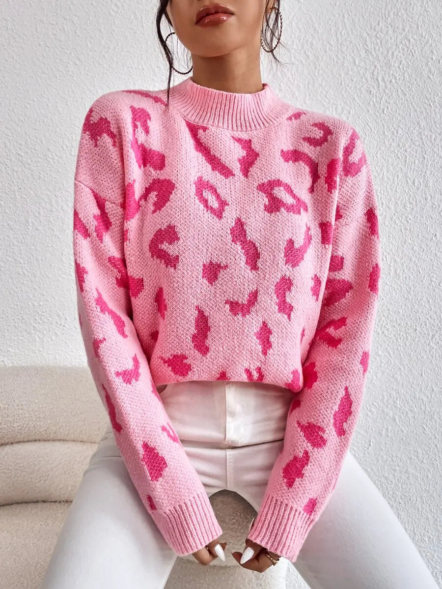 Women's Oversized Leopard Pattern Dropped Shoulder Knit Streetwear Sweater
