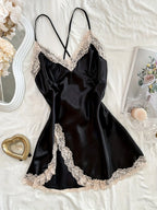 Romantic Satin-Finish Mini Slip Nightgown with Lace Trim and Criss-Cross Straps