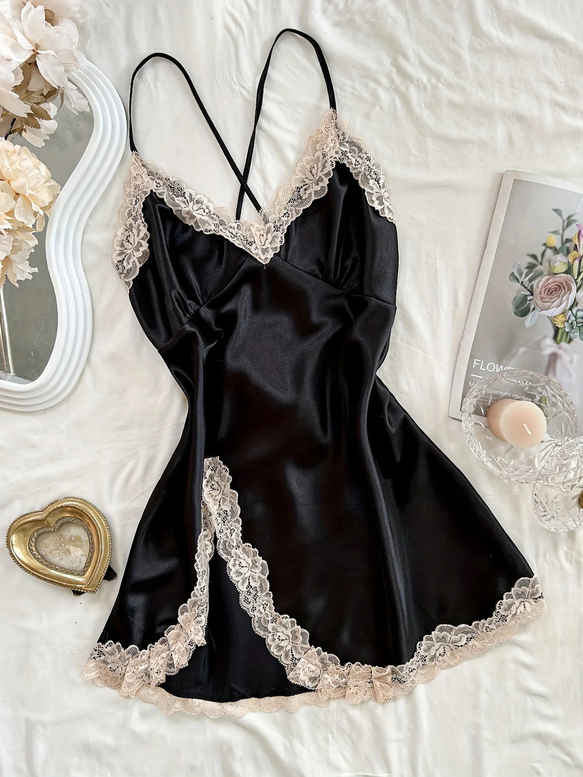 Romantic Satin-Finish Mini Slip Nightgown with Lace Trim and Criss-Cross Straps