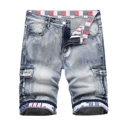Men's Loose Fit Washed Denim Shorts with Distressed Finish and Casual Streetwear Style