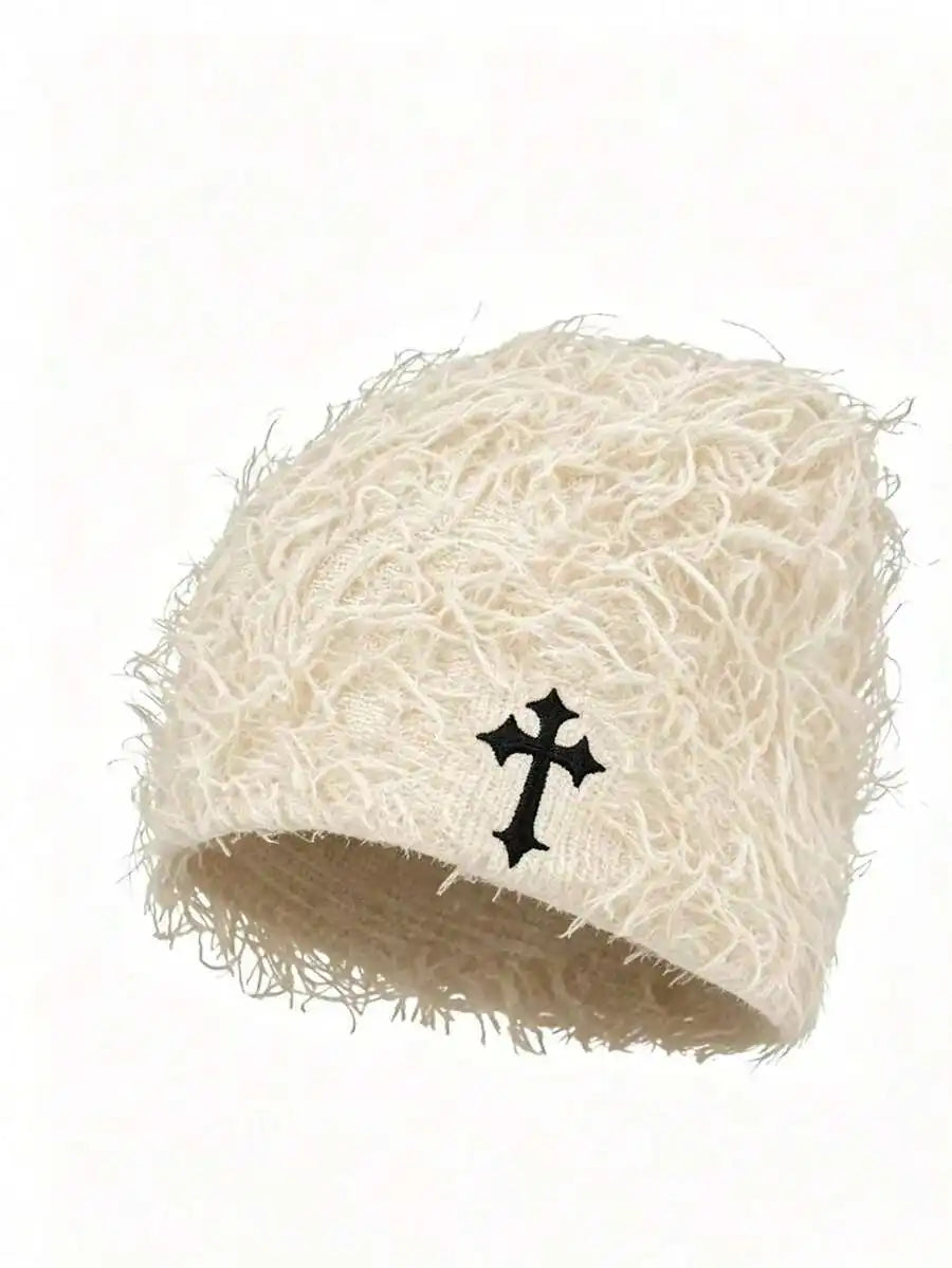 Minimalist Embroidered Cross Acrylic Knit Beanie for Modern Streetwear Winter Casual Fashion Style