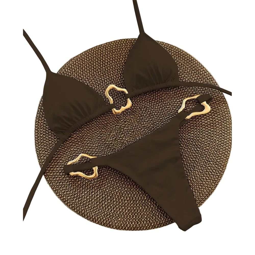 Espresso Brown String Bikini with Wavy Metallic Hardware Accents