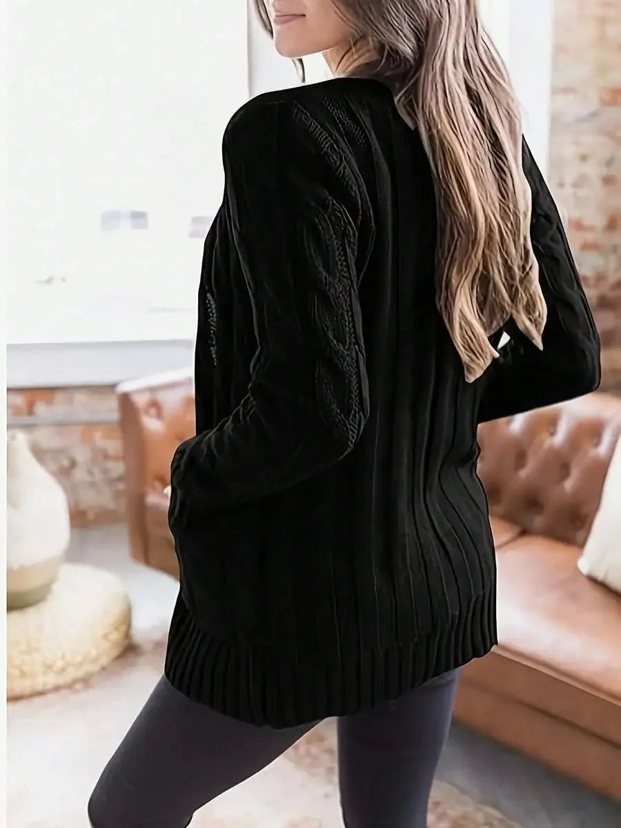 Women's Open Front Cable Knit Cardigan with Relaxed Long Sleeve Pocket Design