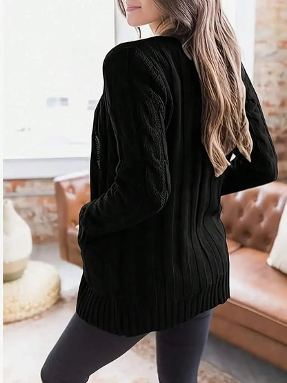 Women's Open Front Cable Knit Cardigan with Relaxed Long Sleeve Pocket Design