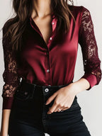 Elegant Burgundy Satin Blouse with Sheer Floral Lace Sleeves and Button-Front Detail
