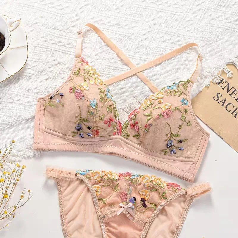 Colorful Floral Embroidery Longline Corset Bra and Panty Set