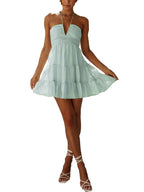 Mint Green Halter Neck Tiered Mini Dress with Plunging V-Neckline