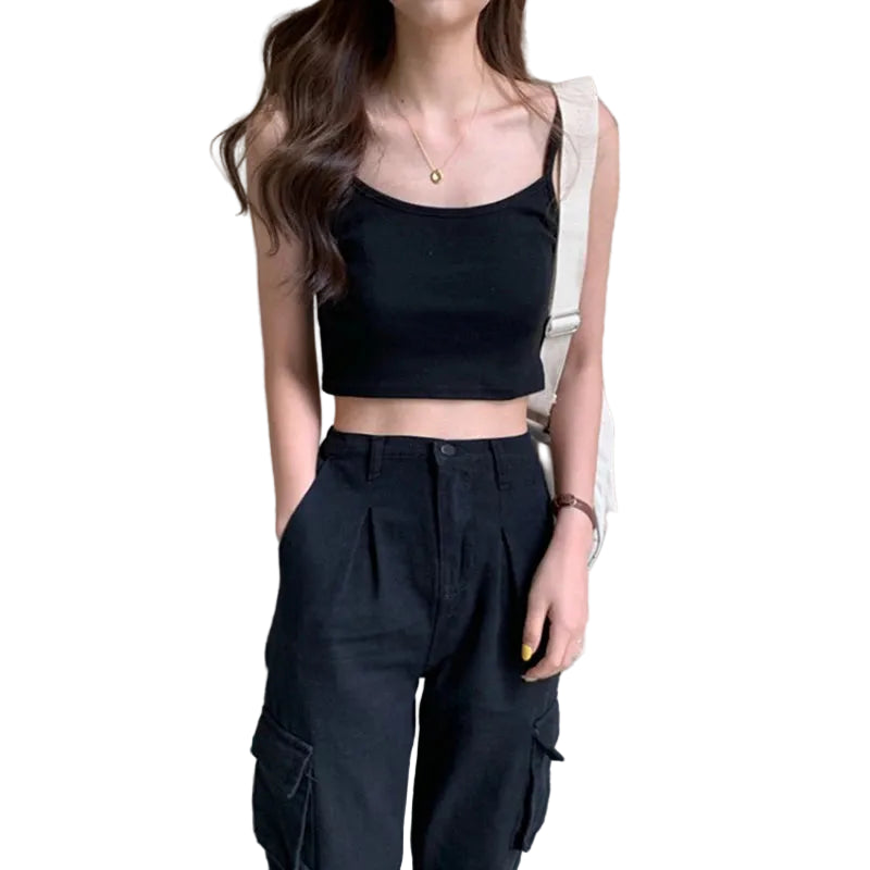 Square Neck Sleeveless Crop Top with Wide Straps Contemporary Streetwear Style