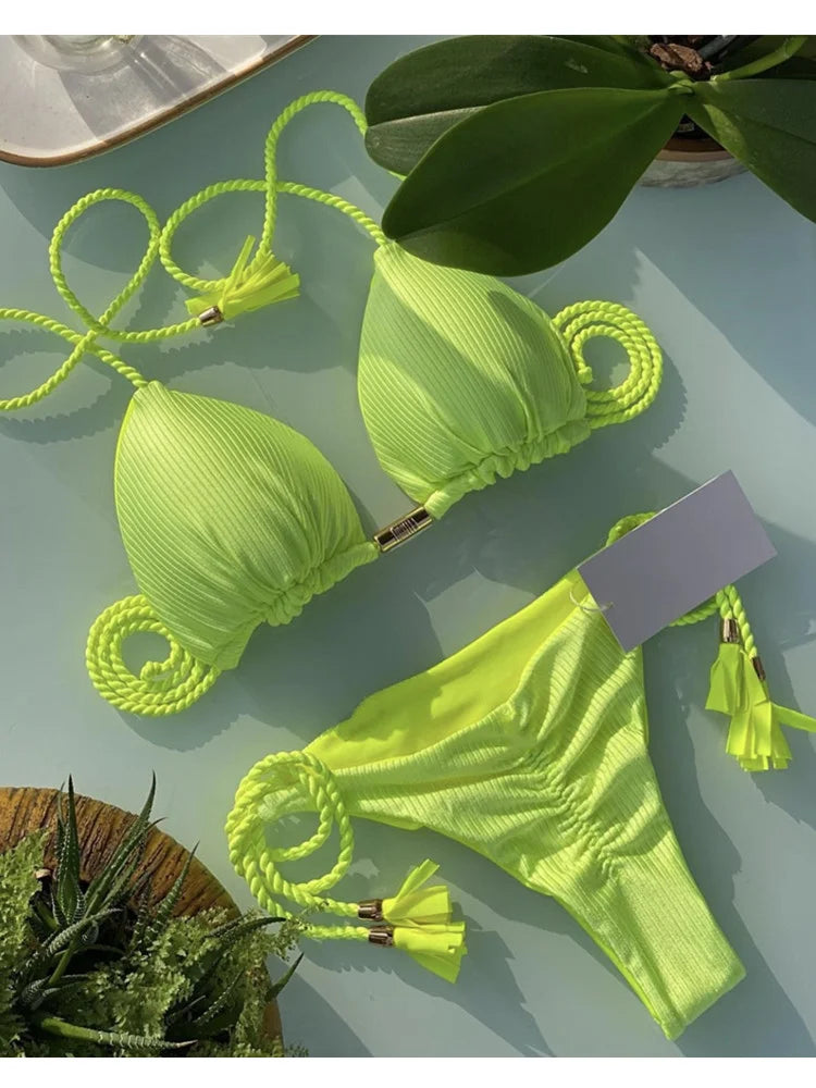 Soft Periwinkle Triangle Bikini Set with Two-Tone Twisted Rope and Tassel Details