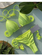 Soft Periwinkle Triangle Bikini Set with Two-Tone Twisted Rope and Tassel Details