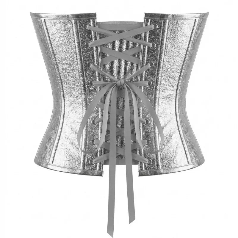 Luminous Metallic Silver Overbust Corset with Front Hook Closure