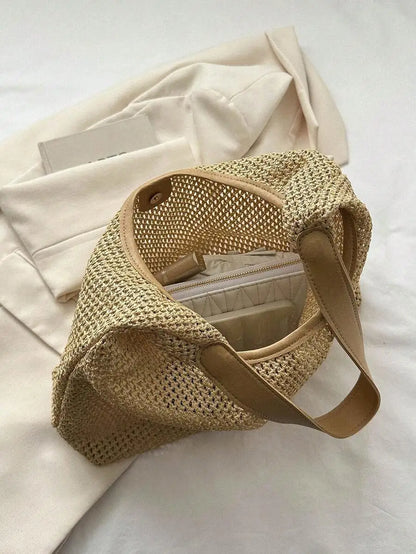 Woven Straw Hobo Shoulder Bag with Relaxed Large Capacity Design