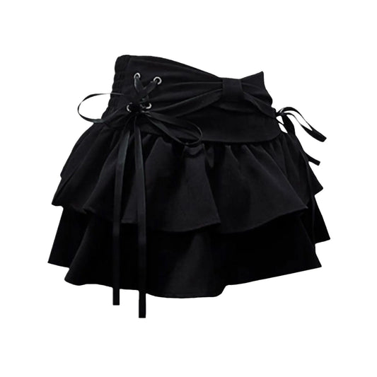 Tiered Ruffle Denim Look Mini Skirt with Bow Detail Y2K Styling