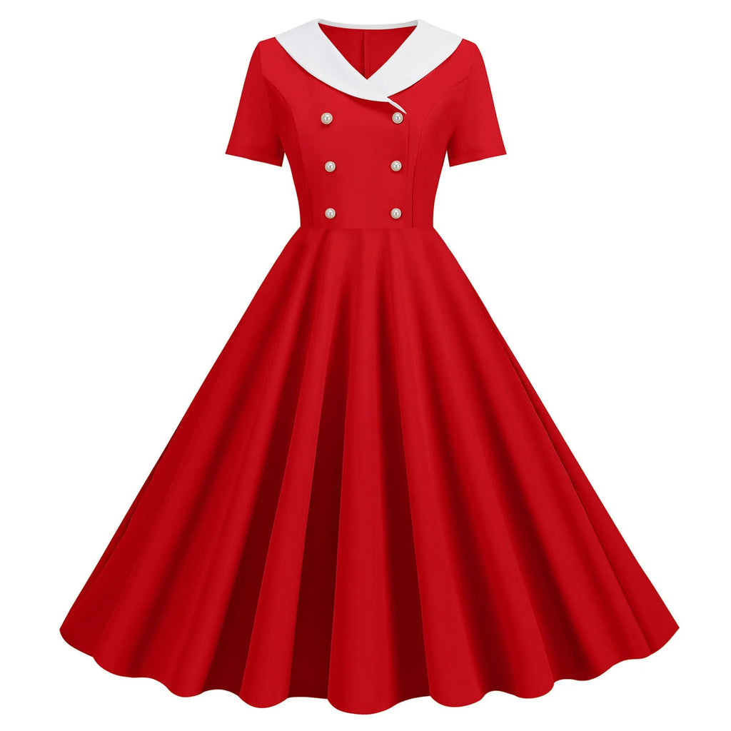 Vintage-Inspired Yellow Swing Dress with Contrast Collar and Decorative Buttons