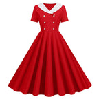 Vintage-Inspired Yellow Swing Dress with Contrast Collar and Decorative Buttons