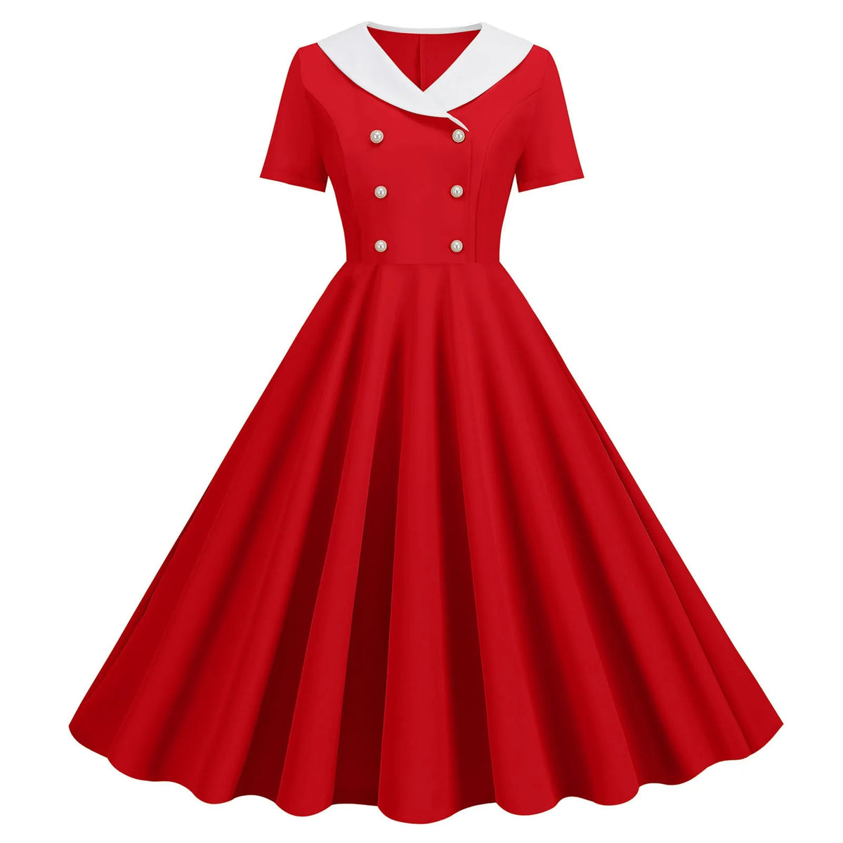 Vintage-Inspired Yellow Swing Dress with Contrast Collar and Decorative Buttons