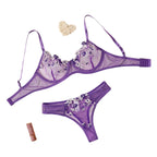 Purple Floral Embroidered Lingerie Set with Detailed Underwire Bra and Matching Brief