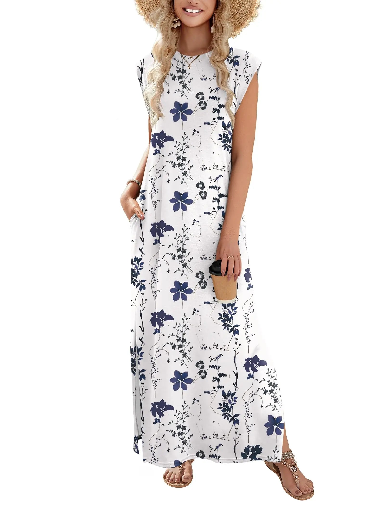 Loose Fit Sleeveless Floral Maxi Dress with Pockets for Casual Styling