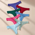 7-Piece Women’s Cotton Low-Rise Thong Panties Set with Striped Side Details, Minimal T-Back Silhouette and Assorted Black Designs