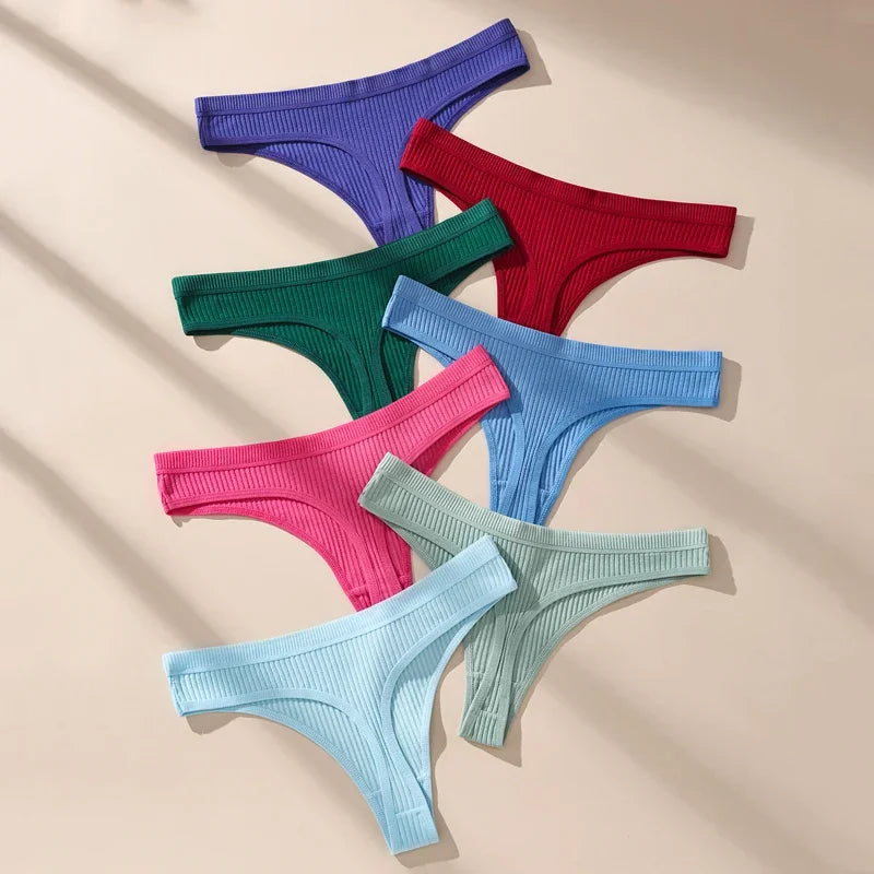 7-Piece Women’s Cotton Low-Rise Thong Panties Set with Striped Side Details, Minimal T-Back Silhouette and Assorted Black Designs