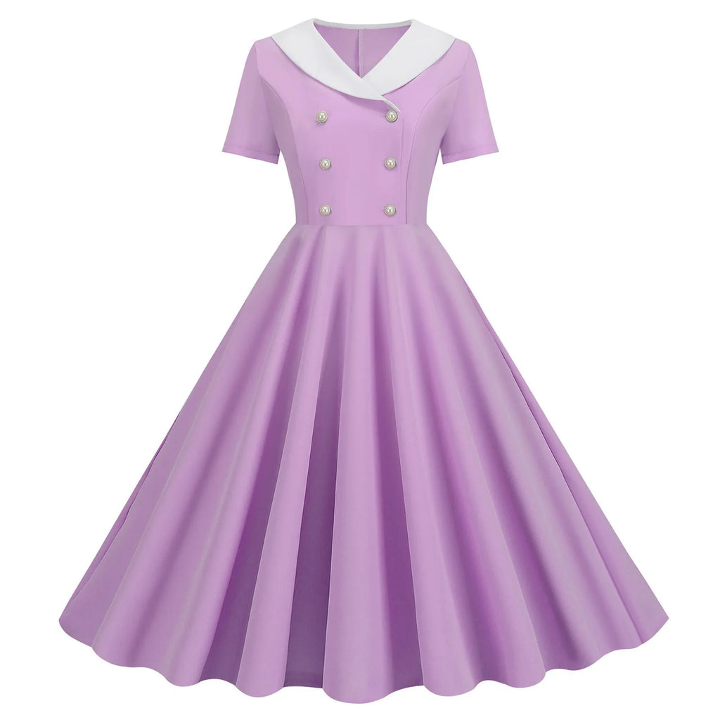 Vintage-Inspired Yellow Swing Dress with Contrast Collar and Decorative Buttons