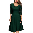 Square Neck A-Line Midi Dress with Lace Panels and Three Quarter Sleeves