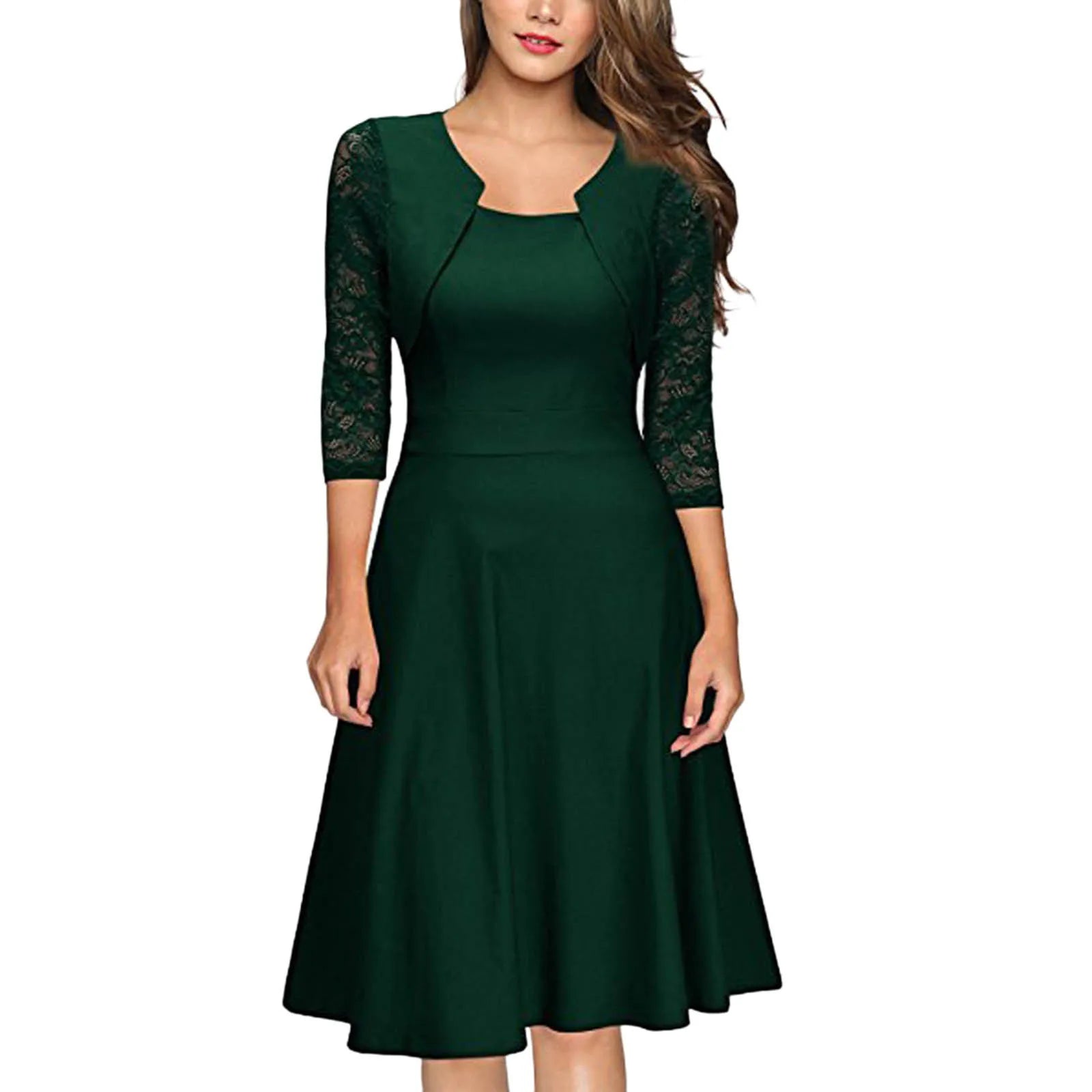 Square Neck A-Line Midi Dress with Lace Panels and Three Quarter Sleeves