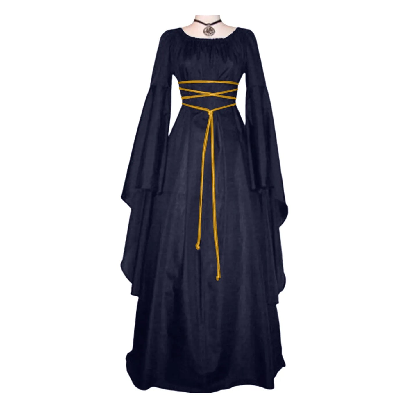 Medieval Fantasy Gothic Maxi Dress with Layered Sleeves and Romantic Elegance