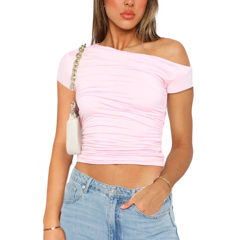 Women's Off Shoulder Ruched Crop Top for Minimalist Casual Streetwear Everyday Fashion Style
