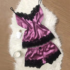 Contrasting Black Lace and Peach Satin-Finish Two-Piece Cami and Shorts Sleep Set