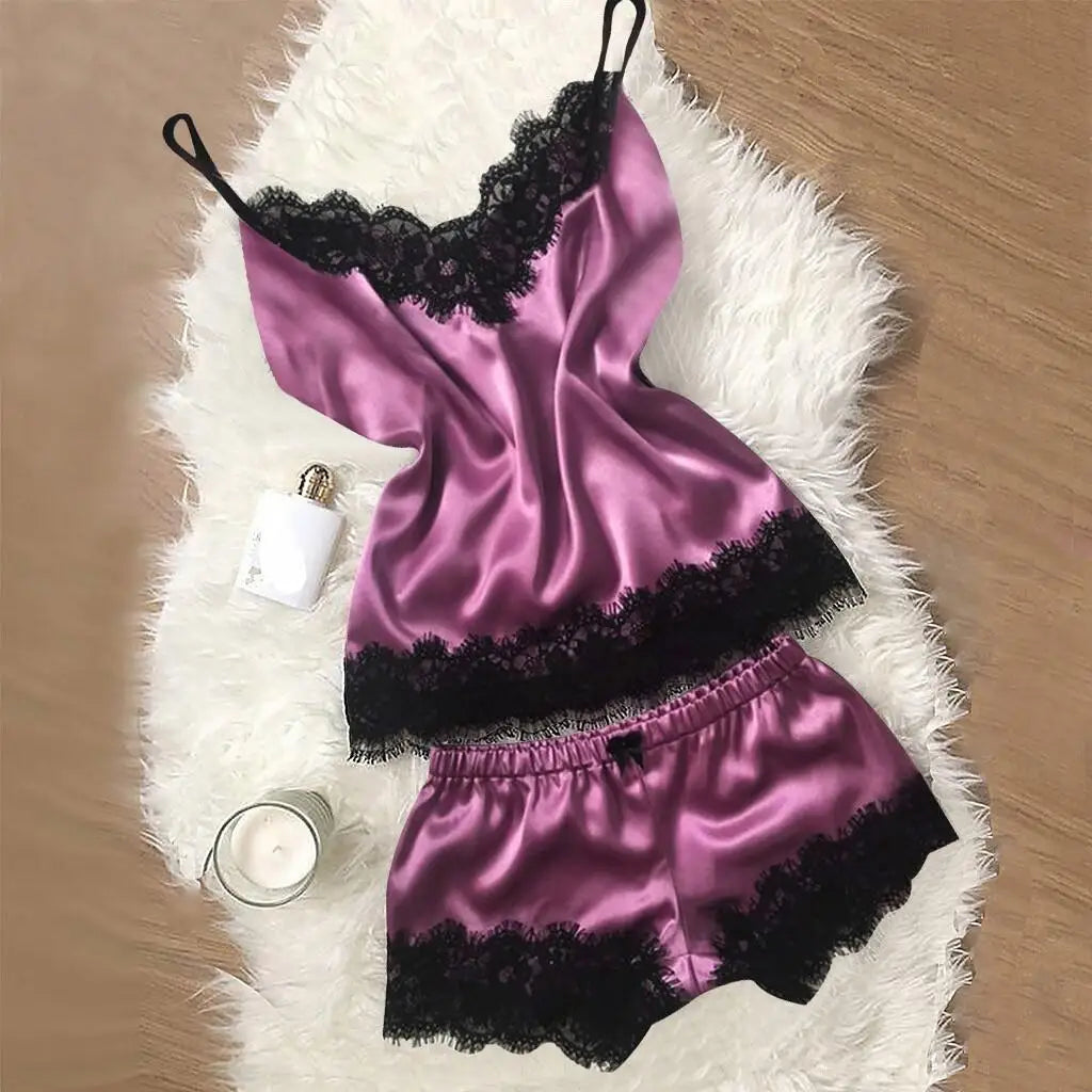 Contrasting Black Lace and Peach Satin-Finish Two-Piece Cami and Shorts Sleep Set
